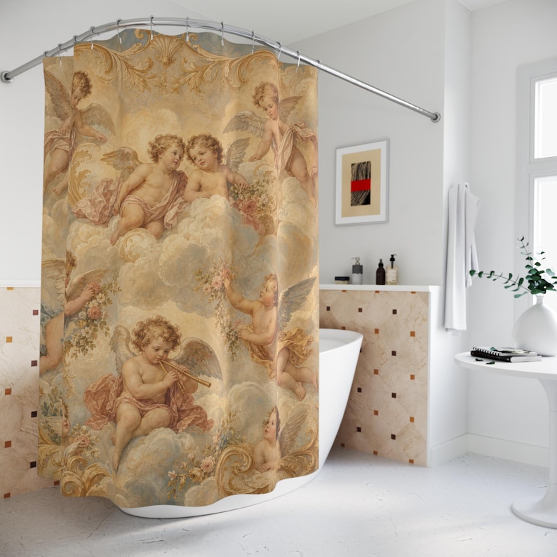 Cherub Shower Curtain, Renaissance Putti Angel Art, Cream Blush Heavenly Cloud Decor, Classical Bathroom Accent, Vintage Soft Bath Art image 4