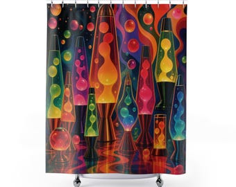 Cortina de ducha con lámpara de lava, decoración de baño retro colorida de los años 70, cortina de baño neón psicodélica, baño moderno para residencia estudiantil, regalo genial