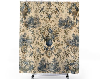 Colonial Toile Shower Curtain, Blue Cream Vintage Floral Print, French Country Botanical Bathroom Decor, Bird Manor Bath Curtain Gift