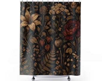 Dark Academia Botanical Shower Curtain, Vintage Floral Bathroom Decor, Moody Antique Herbarium Bath Curtain, Gothic Nature Print