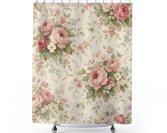 Farmhouse Rose Shower Curtain, Vintage Floral Shower Curtain, Shabby Chic Blush Pink Bathroom Decor, Cottagecore French Country Bath Decor