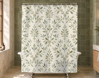 Green Botanical Shower Curtain, Olive Leaf Trellis Pattern, Sage Bath Decor, Symmetric Garden Print, Guest Bathroom, Green Bathroom