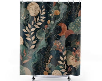 Cosmic Botanical Shower Curtain, Teal Navy Boho Bathroom Decor, Moon Garden Bath Curtain, Moody Guest Bathroom Decor, Navy Bath Decor
