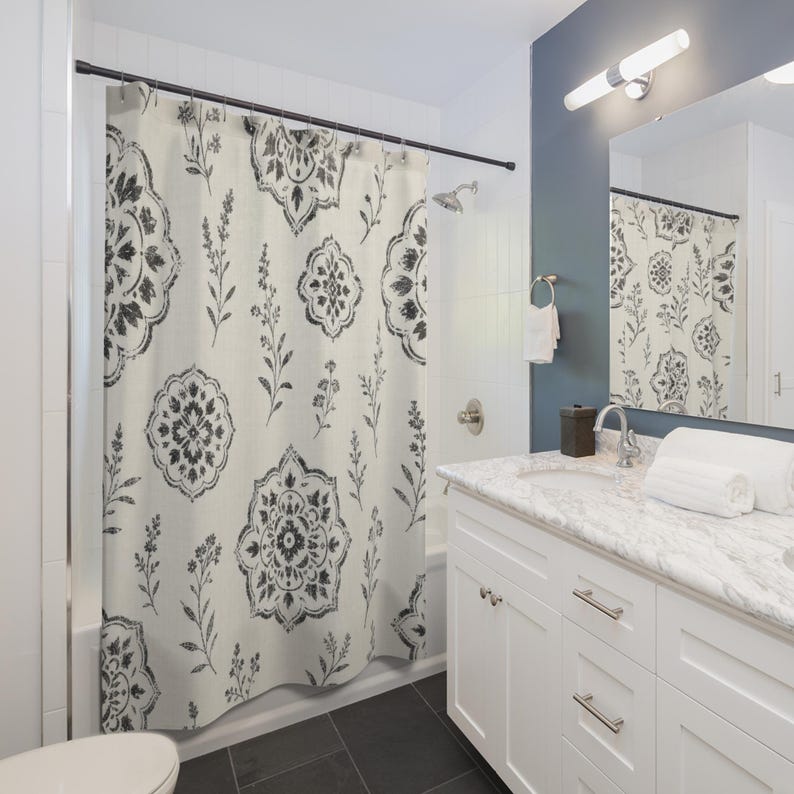 Farmhouse Shower Curtain, Black White Botanical Medallion Pattern, Vintage Country Bathroom Decor, Classic Guest Bath Style image 3