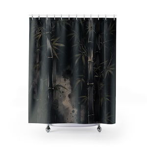 Nature Shower Curtain, Dark Bamboo Botanical Pattern, Japanese Inspired Black Bathroom Decor, Moody Guest Bath Statement Spa Style