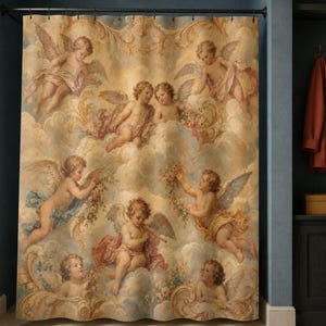 Vintage cherub shower curtain in a petrol-blue washroom with coral coat and ochre archival case