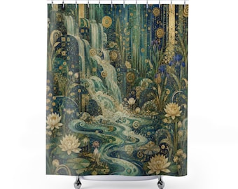 Cortina de ducha con cascada inspirada en Klimt, decoración de baño Art Nouveau azul y dorada, mosaico floral de loto de río, arte botánico vintage para el baño.