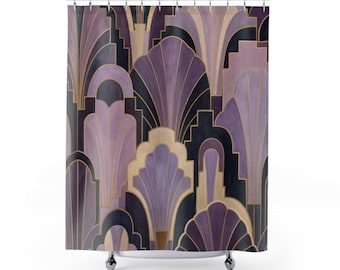 Art Deco Shower Curtain, Lavender Plum Geometric Fan Pattern, Navy Cream and Gold Color Bathroom Decor, Glamorous Modern Guest Bath