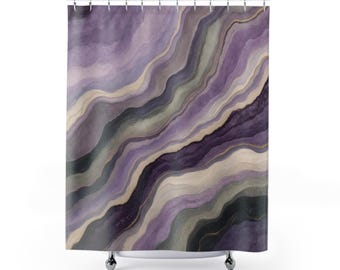 Stone Shower Curtain, Lavender Marble Watercolor Strata, Plum Lilac Mineral Pattern Bathroom Decor, Modern Abstract Spa Inspired Guest Bath