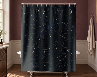 Konstellation duschdraperi, marinblå guld himmelsk stjärnkarta, natthimlen astronomikonst, zodiak badrumsdekor, mörkblå baddraperi