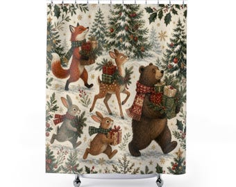 Woodland Christmas Shower Curtain, Fox Deer Bear and Rabbit Gift Parade, Whimsical Holiday Bathroom Decor, Kids Winter Guest Bath
