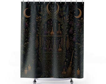 Cortina de ducha de bruja, Jardín nocturno de boticario de gato negro, decoración botánica de baño color ciruela y oro, arte para el baño de invitados de estilo rústico oscuro
