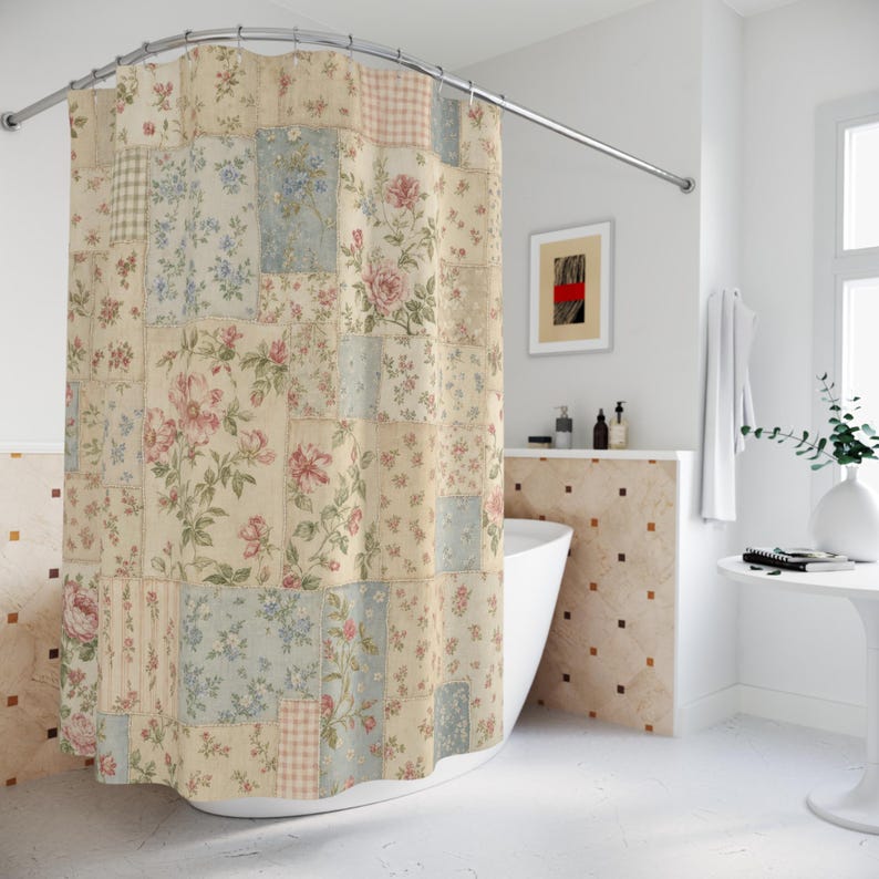 Cottagecore Shower Curtain, Vintage Floral Patchwork Bath Decor, Blue Cream Quilt Pattern, Soft Farmhouse Guest Bathroom Decor Style image 4