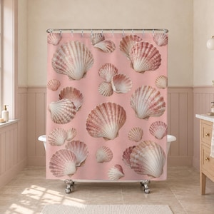 Seashell Shower Curtain, Blush Pink Coastal Pattern, Ivory Ribbed Shells, Natural History Illustration, Soft Beach House Bathroom Decor