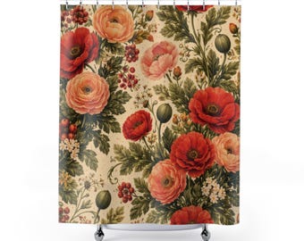 Rideau de douche floral rouge, décoration de salle de bain jardin vintage, motif fleur de pavot corail, rideau de bain botanique chaleureux, rose orange