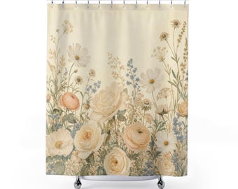 Cortina de ducha floral color blanco roto, jardín de ranúnculos rosa marfil, decoración de baño color crema salvia, arte de baño de invitados de estilo rústico vintage.