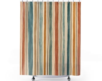 Boho Striped Shower Curtain, Teal Aqua Terracotta Watercolor Stripe, Colorful Earth Tone Bath Decor, Guest Bathroom, Painted Style
