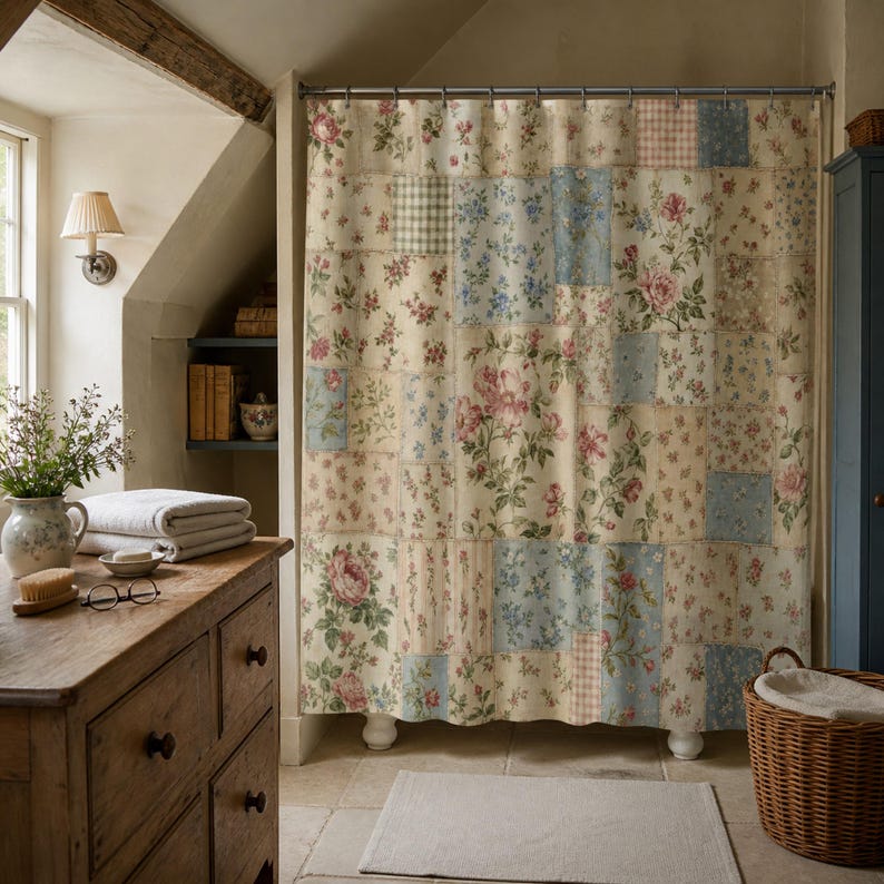 Vintage floral patchwork shower curtain in a Cotswold attic bathroom with old beams and faded blue cabinets