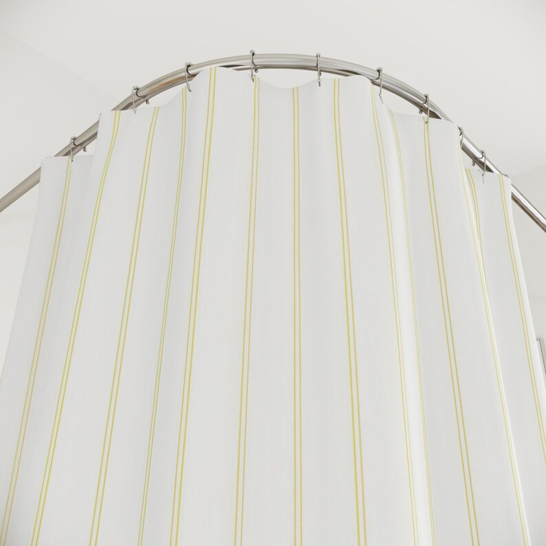 White Pinstripe Shower Curtain, Pale Yellow Striped Curtain, Modern Minimalist Bathroom Decor, Dense Vertical Stripe Bath Curtain image 4