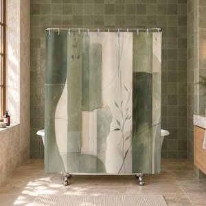 Green And Beige Shower Curtain, Abstract Botanical Block Pattern, Sage Modern Bathroom Decor, Elegant Guest Bath Nature Accent Style
