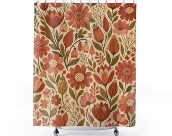 Rideau de douche fleurs bohèmes, décoration de salle de bain rose terre cuite, motif chaud de fleurs sauvages, rideau de bain floral vintage, corail orange