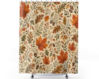 Fall Leaves Shower Curtain, Autumn Leaf Bath Decor, Orange Maple Botanical Pattern, Cream Guest Bathroom Wall Art Rustic Decor Style