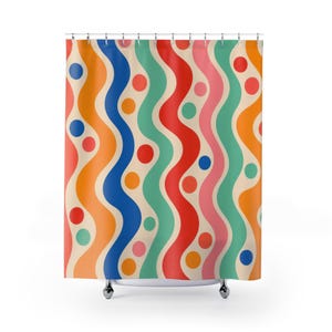 Retro Wavy Shower Curtain, Colorful Stripe Bath Decor, Orange Blue Pink Wave Pattern, Bold Guest Bathroom Playful Modern Wave Decor
