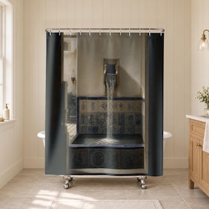 Waterfall Shower Curtain, Blue Tile Water Feature Print, Vintage Bath Decor, Cream Dutch Light Scene, Refined Guest Bathroom
