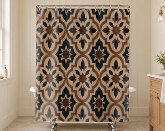 Tile Shower Curtain, Black Brown Floral Medallion Pattern, Vintage Geometric Bath Decor, Ornate Guest Bathroom, Moroccan Tile Style
