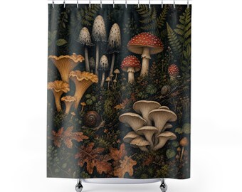 Cortina de ducha con forma de setas, estudio botánico de bosque oscuro, decoración de baño con caracoles y helechos rebozuelos, arte para el baño de invitados de una cabaña con ambiente melancólico.
