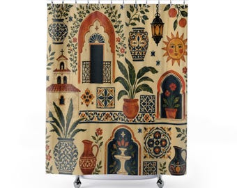 Spanish Tile Shower Curtain, Mediterranean Folk Art Bathroom Decor, Terracotta Blue Floral Botanical Pottery Arch Bath Curtain