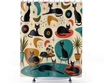 Cortina de ducha retro con gatos, gatos negros estilo atómico de mediados de siglo, decoración de baño en turquesa mostaza, arte vintage divertido para el baño de invitados.