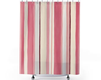 Pink Striped Shower Curtain, Rose Cream Vertical Brush Stripe Pattern, Blush Beige Modern Bathroom Decor, Soft Guest Bath Accent Style