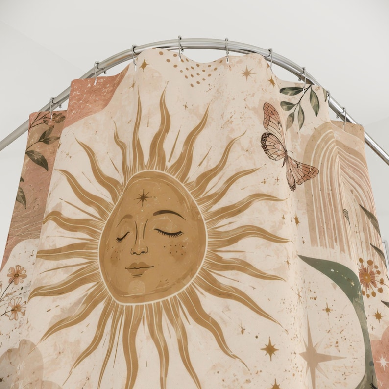 Aesthetic Shower Curtain, Boho Celestial Sun Moon Art, Blush Terracotta Sage Floral Butterfly Bathroom Decor, Artsy Cream Bath Curtain image 4