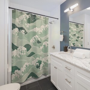 Green Wave Shower Curtain, Japanese Inspired Sage Seafoam Pattern, Coastal Bath Decor, Vintage Ocean Guest Bathroom Accent, Spa Style image 3