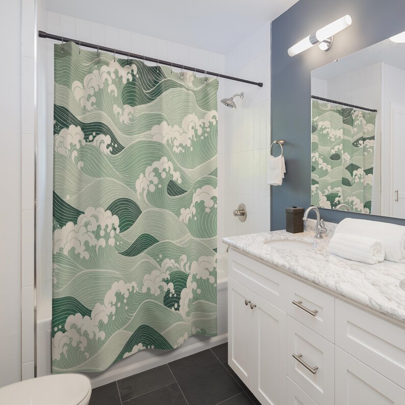 Green Wave Shower Curtain, Japanese Inspired Sage Seafoam Pattern, Coastal Bath Decor, Vintage Ocean Guest Bathroom Accent, Spa Style image 3