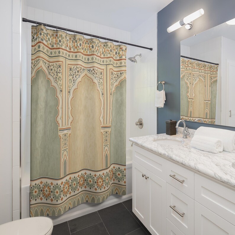Moroccan Arch Shower Curtain, Sage Tile Bath Decor, Cream Architectural Panel Pattern, Ornate Guest Bathroom Warm Neutral Tile Decor image 3