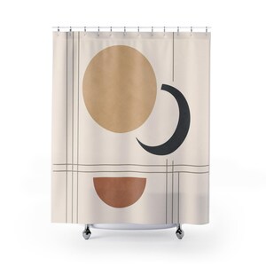Geometric Shower Curtain, Tan Black Circle Crescent Pattern, Modern Abstract Bath Decor, Beige Neutral Guest Bathroom, Line Grid, Moon Shape