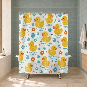 Duck Shower Curtain, Yellow Rubber Duck Bubble Pattern, Kids Bath Decor, Guest Bathroom, Playful Blue Wave Flower Art, Bath Time Fun