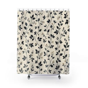 Black And White Shower Curtain, Botanical Vine Pattern, Modern Farmhouse Bathroom Decor, Classic Guest Bath Leaf Accent Style Wall Art