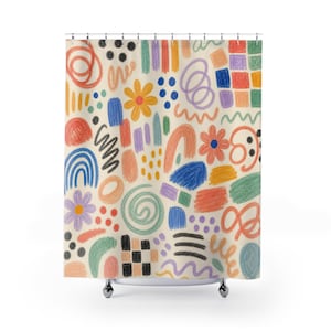 May include: A shower curtain featuring a cream background with a repeating pattern of colorful crayon-style drawings. The design includes orange, blue, purple, and green flowers, rainbows, swirls, dots, checkerboard squares, and wavy lines.