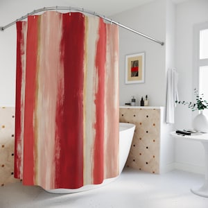 Painterly Red Band Shower Curtain, Red Blush Classic Bathroom Decor, Watercolor Stripe Bath Curtain, Guest Bath Decor, Small Bathroom Decor image 4