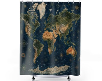 Cortina de ducha con mapa del mundo, atlas botánico ilustrado, decoración de baño con paisaje azul y verde, elegante pieza decorativa para el baño de invitados con temática de viajes.