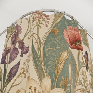 Art Nouveau Poppy Shower Curtain, Sage Coral Vintage Bathroom Decor, Iris Floral Bath Curtain, Guest Bathroom Decor, Small Bathroom Decor image 2