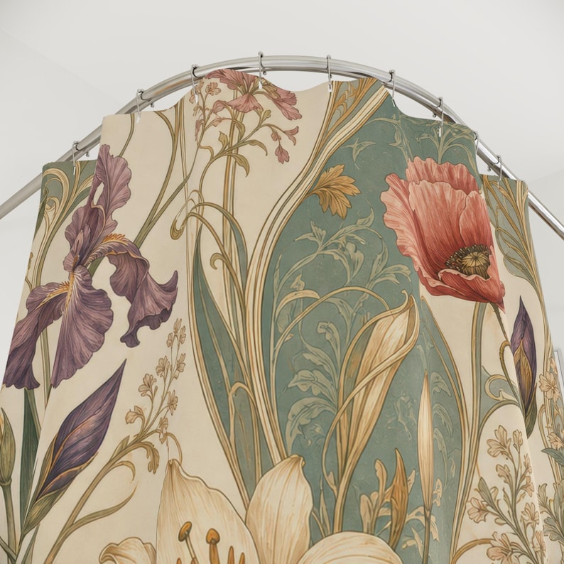 Art Nouveau Poppy Shower Curtain, Sage Coral Vintage Bathroom Decor, Iris Floral Bath Curtain, Guest Bathroom Decor, Small Bathroom Decor image 2