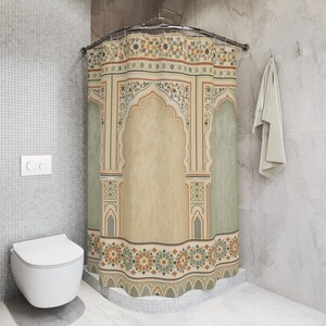 Moroccan Arch Shower Curtain, Sage Tile Bath Decor, Cream Architectural Panel Pattern, Ornate Guest Bathroom Warm Neutral Tile Decor image 5