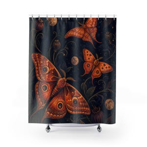 Moth Shower Curtain, Orange Ember Wings in Indigo Night Garden, Celestial Botanical Insect Art, Moody Boho Modern Guest Bathroom Decor