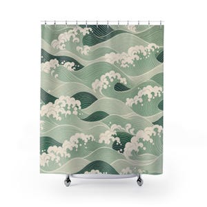 Green Wave Shower Curtain, Japanese Inspired Sage Seafoam Pattern, Coastal Bath Decor, Vintage Ocean Guest Bathroom Accent, Spa Style image 1