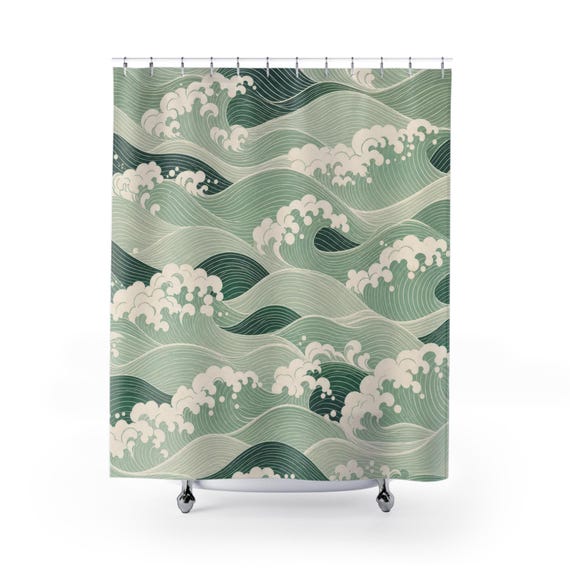 Green Wave Shower Curtain, Japanese Inspired Sage Seafoam Pattern, Coastal Bath Decor, Vintage Ocean Guest Bathroom Accent, Spa Style