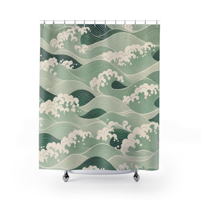 Green Wave Shower Curtain, Japanese Inspired Sage Seafoam Pattern, Coastal Bath Decor, Vintage Ocean Guest Bathroom Accent, Spa Style image 1